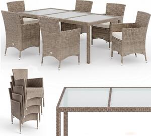 CASARIA® Set di mobili da giardino in polirattan, 7 pezzi, sedie impilabili, inclusi 7 cuscini da 190x90 cm, tavolo da giardino, adatti per terrazza, balcone, set da salotto, set da pranzo, colore crema