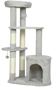 PawHut Tiragraffi a torre per gatti da 114 cm con cuccia, pali in sisal, piattaforma grigio chiaro