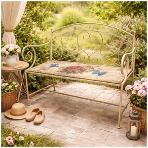 Panca da giardino "Flowers and Plants", colore crema, struttura in metallo con decorazione, seduta di 109 cm