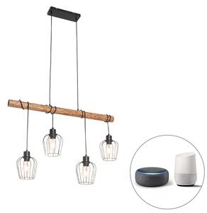 Smart hanglamp zwart met hout incl. 4 Wifi A60 - Stronk