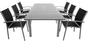 Set da giardino DEGAMO BAJAZZO, 7 pezzi, alluminio argento/grigio + tessuto sintetico nero, 6 poltrone impilabili, 1 tavolo allungabile 175/245 x 100 cm