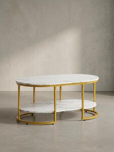 Tavolino da salotto 100x60x45 cm bianco con effetto marmo, tavolo da salotto di design rettangolare, tavolino da salotto con ripiano, tavolino da caffè moderno con struttura in metallo dorato