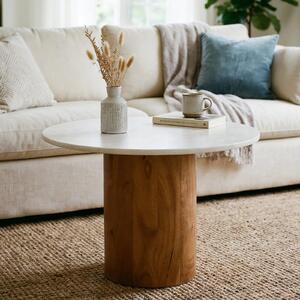 Tavolino YAMUNA rotondo 60 cm con piano in marmo, bianco/naturale - tavolo da soggiorno in marmo bianco e legno massiccio di acacia, design moderno, superficie di facile manutenzione, compatto per soggiorno e salotto