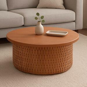 Tavolino da salotto MCW-P15, tavolino da salotto, tavolino da divano, tavolino da soggiorno in legno di mogano e rattan, rotondo, Ø 75 cm