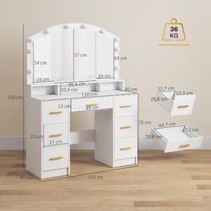 HOMCOM Toeletta con illuminazione a LED a 3 tonalità di luce, specchio e 7 cassetti, bianco