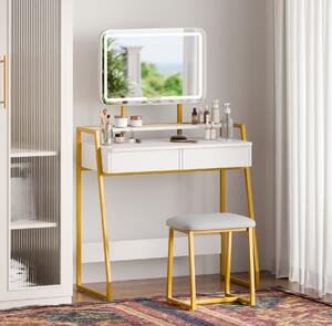 Tavolino da toilette Mondeer con illuminazione a LED e sgabello Tavolino cosmetico con 2 cassetti Tavolino da toilette
