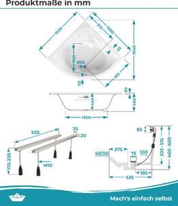 Set completo vasca da bagno angolare Calmwaters® 150x150 cm Curved Wellness, EU, vasca in acrilico 4in1 con grembiule, piedini e set di scarico, vasca doppia con seduta integrata, vasca angolare 150 x 150, bianco