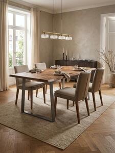 Tavolo da pranzo 180x90x76 cm in legno massello di acacia / metallo, con bordo naturale, tavolo da cucina in legno massello con gambe trapezoidali cromate, tavolo da pranzo rettangolare in legno