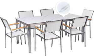 BELIANI Set da pranzo da giardino con effetto marmo Piano del tavolo bianco Telaio in acciaio inox con vetro bianco Set di 6 sedie Stile moderno per esterni
