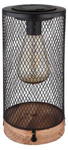 Lampada da tavolo solare a LED, in legno, con griglia metallica nera, altezza 25,5 cm
