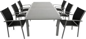 Set da giardino DEGAMO PISA, 7 pezzi, alluminio argento + tessuto sintetico nero, 6 poltrone impilabili, 1 tavolo allungabile 180/240 x 100 cm