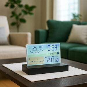 Stazione meteorologica moderna e colorata, dal design minimalista: display LCD senza cornice per previsioni meteorologiche precise e igrometro, con sensore esterno