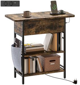 HOMCOM Tavolino Comodino con Striscia Presa, 2 Ripiani, Porte USB Spazio di Stoccaggio 60 x 29,8 x 58,5 cm Marrone Rustico | Aosom Italy