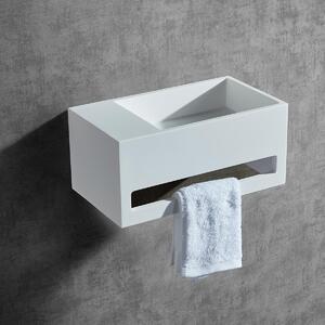 Lavabo BA2105 - Resina minerale - Bianco opaco - 35,5 x 20 x 16 cm - Finitura selezionabile, copri scarico aggiuntivo: con copri scarico aggiuntivo in bianco, finitura lavabo: piano di appoggio a sinistra