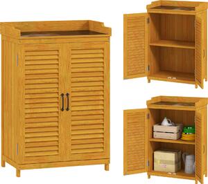 Armadietto da giardino in legno Outsunny, ripostiglio per attrezzi con piano di lavoro, resistente alle intemperie, 65,5 x 40 x 98,5 cm, ripostiglio con porta a lamelle, ripiani, armadietto per attrezzi da giardino, per giardino e terrazza, giallo