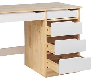 Scrivania HUGO in legno massello di pino, finitura naturale/bianca, elegante scrivania per studenti con 5 cassetti, pratica scrivania da ufficio dotata di una traversa trasversale per una maggiore stabilità