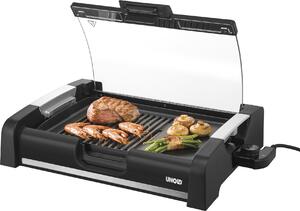 Unold 58535 Barbecue Grill Edel - grill da tavolo, nero, coperchio in vetro, ampia superficie di grigliatura, superficie di grigliatura combinata, rigata e liscia, Vetroceramica