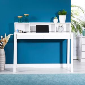 Scrivania secrétaire LENNOX, elegante con 3 vani a giorno, pratica scrivania per computer con 2 cassetti, scrivania per computer dal design classico realizzata in legno massello di pino verniciato di bianco