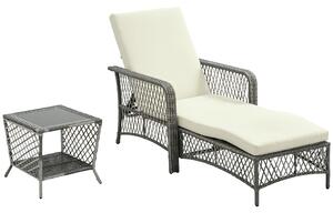 Outsunny Set Lettino Prendisole e Tavolino in Rattan PE, Sdraio da Giardino Regolabile su 5 Posizioni e Tavolino a 2 Ripiani, Bianco Crema|Aosom