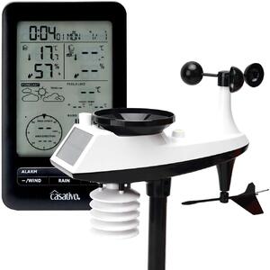 Stazione meteorologica professionale senza fili con sensore esterno a energia solare – pluviometro, anemometro, barometro e igrometro – portata di 100 m, previsioni del tempo e sveglia radio