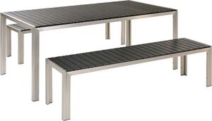 BELIANI Set di mobili da giardino nero per esterni 3 pezzi tavolo rettangolare 2 panche struttura in alluminio spazzolato