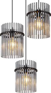 Lampada a sospensione, aste in vetro, 3 fiamme, color fumo, H 140 cm