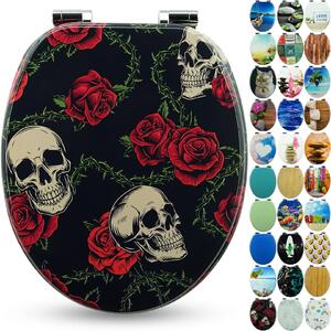 Sedile WC Sanfino® Premium "Rose Skull": sedile WC di alta qualità in legno con chiusura ammortizzata, numerosi motivi colorati, facile da montare