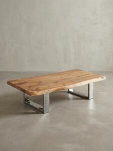 Tavolino da salotto 115 x 25 x 58 cm in legno massello di acacia con struttura in metallo grande, tavolo da salotto in legno massello marrone con bordo grezzo, tavolino da salotto in legno rustico, tavolo da salotto