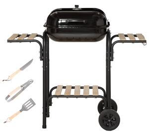 Barbecue a Carbone con Coperchio con Ripiani e Utensili da Cucina Nero