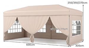 KOMFOTTEU, padiglione pop-up 3x6 metri, padiglione pieghevole con 6 pareti laterali e 6 sacchi di sabbia, gazebo da giardino regolabile in altezza, con borsa da trasporto su ruote, ideale per spiaggia, matrimoni e campeggio, colore beige