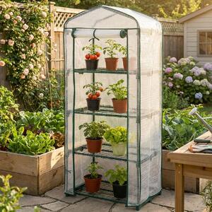 Serra in plastica 49x69x160 cm a 4 ripiani, robusta serra per la coltivazione con telo in rete di PE da 120 g/m², porta a rullo, struttura in acciaio e sistema a incastro per balconi e