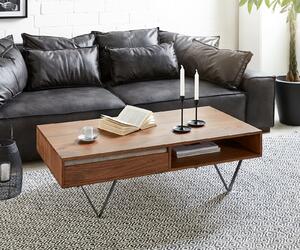 Tavolino DELIFE Stonegrace 115x60 cm in acacia marrone ardesia, 2 cassetti, 1 scomparto, base a V nera