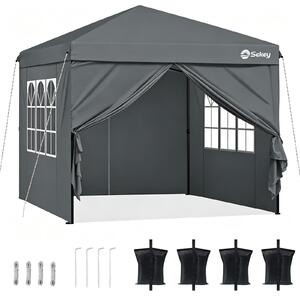 Gazebo pieghevole Sekey 3x3 con 4 pareti laterali e 4 sacchi di sabbia, gazebo pop up impermeabile per campeggio, festival, eventi, picnic, grigio