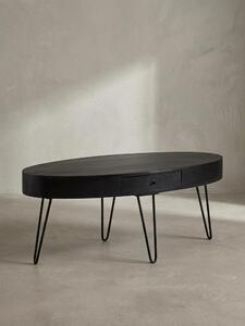 Tavolino da salotto 100x50x40 cm in legno massello di mango Tavolino in metallo, tavolino da salotto di design ovale con cassetto, tavolino da caffè con spazio contenitivo massiccio, grande tavolino da salotto con gambe a forcella