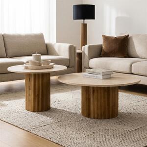 Set di tavolini NARMADA/MANDI con piano in travertino, marrone/beige - Set di 2 tavolini rotondi, struttura rotonda in legno di mango, tavolo da salotto, tavolino da caffè