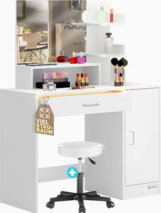 CASARIA® Tavolino da toilette Jocelyn con sgabello Illuminazione a LED cassetto specchio 3 ripiani tavolo cosmetico make-up comò legno bianco, Variante: con sgabello