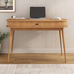 Scrivania JARI con frontali scorrevoli dall'effetto a doghe, color rovere – moderna scrivania per l'ufficio domestico in legno massello con gambe coniche, scrivania per PC realizzata in materiale resistente