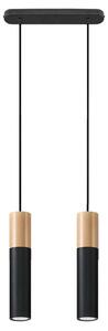 Lampada a sospensione, nera, acciaio, legno, a due luci, L 34 cm
