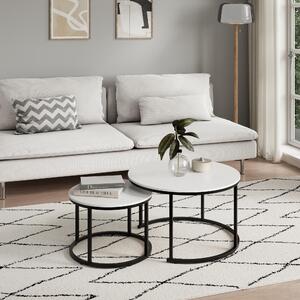 Set di 2 tavolini rotondi in legno, tavolo da soggiorno moderno in bianco, set di tavolini 2 in 1 con struttura in metallo per soggiorno