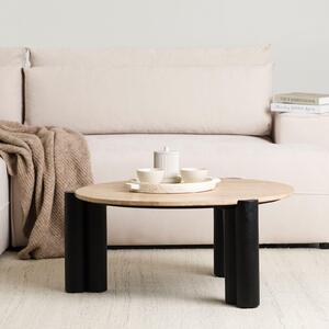 Tavolino TAPTI con piano in travertino 80 cm, beige/nero - Tavolino da salotto rotondo in legno massello di mango, tavolino da caffè, tavolino con effetto marmo, moderno tavolino da salotto
