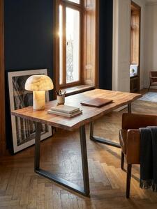 Scrivania 180x90x76 cm in legno massello di acacia / metallo, scrivania per computer con bordo naturale, scrivania da ufficio per l'home office in legno massello con gambe trapezoidali cromate, tavolo in legno per laptop, tavolo da studio