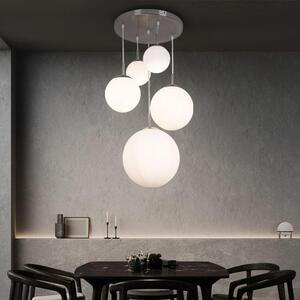 Lampada a sospensione, 5 luci, a forma di sfera, vetro opalino, L 50 cm