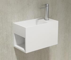 Lavabo da appoggio PB2046 in resina minerale - 33 x 18 x 20,5 cm - Bianco opaco - con vano portaoggetti laterale a sinistra