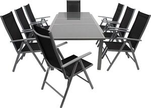 Set da giardino DEGAMO PISA, 9 pezzi, alluminio argento + tessuto sintetico nero, 8 sedie pieghevoli, 1 tavolo allungabile 180/240 x 100 cm