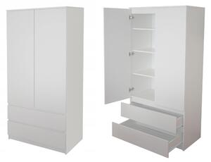 Armadio Armadio bianco 180 cm di altezza 90 cm di larghezza con 2 cassetti, 3 ripiani e asta appendiabiti Organizzatore di armadi domestici in legno MDF