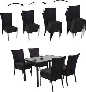 Set in poly-rattan HWC-G19, gruppo di sedute da balcone/lounge, 4xsedia+tavolo, 120x75cm ~ nero, cuscini grigio scuro