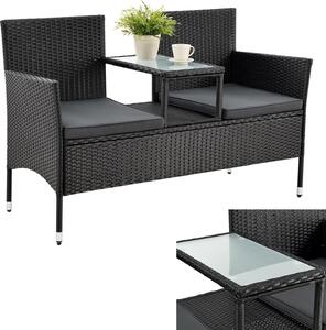 Panca da giardino Juskys in polyrattan Monaco black - panca a 2 posti con tavolo integrato e cuscini in grigio - 133 × 63 × 84 cm - panca resistente alle intemperie