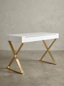 Scrivania bianca lucida, gambe dorate, moderna, 2 cassetti. 118x57x76 cm | Kadima Design