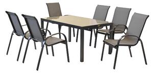 Set di mobili da giardino Merxx Amalfi grafite 7 pezzi, 6 sedie impilabili, 1 tavolo 150 x 90 cm - alluminio/tessuto