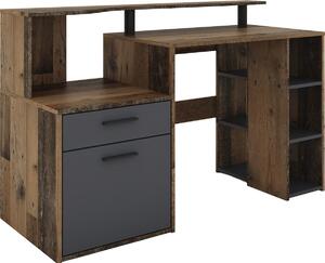 Scrivania LOUIS di byLIVING / effetto legno antico (legno di recupero) e antracite / ampio spazio contenitivo: 1 anta, 1 cassetto e 3 ripiani aperti / ufficio domestico / tavolo da lavoro / scrivania da ufficio / L 140, A 89, P 55 cm